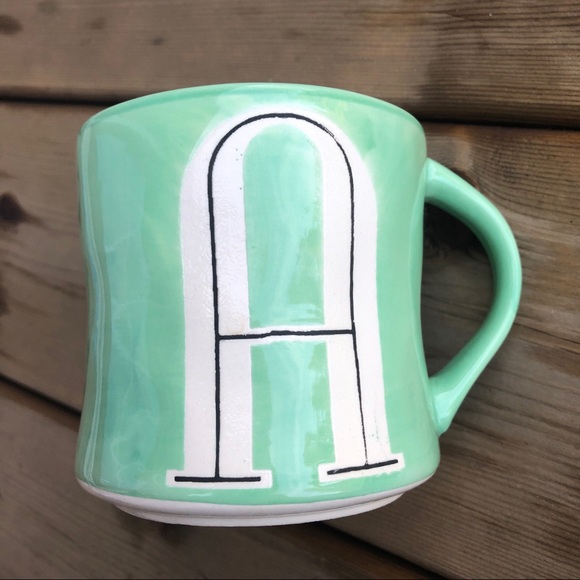Anthropologie Hand Painted Letter A Coffee Mug Cup Monogram Green - Picture 1 of 5